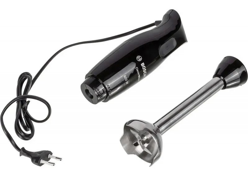 Bosch CleverMixx MSM2610B — вид с насадкой-блендером, компактный корпус 37 см, чёрный пластик и нержавеющая ножка