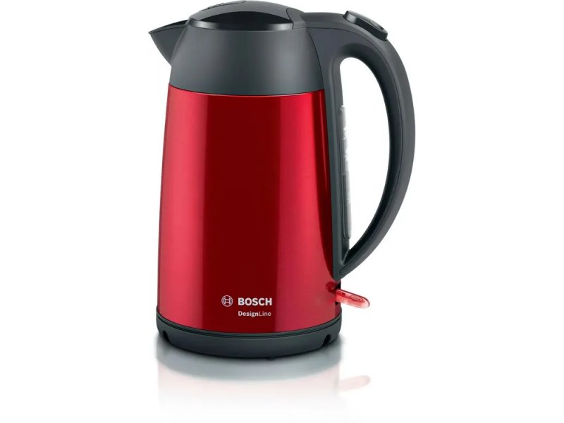 Bosch TWK3P424 DesignLine красный чайник из нержавеющей стали на подставке, вид спереди