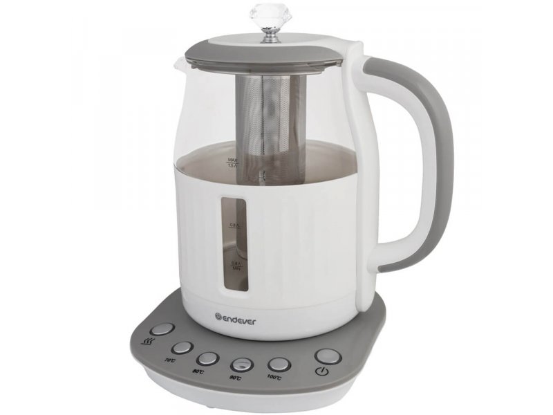 Endever Skyline KR-364G белый — стеклянная колба, белый корпус из нержавеющей стали и пластика, серая подставка
