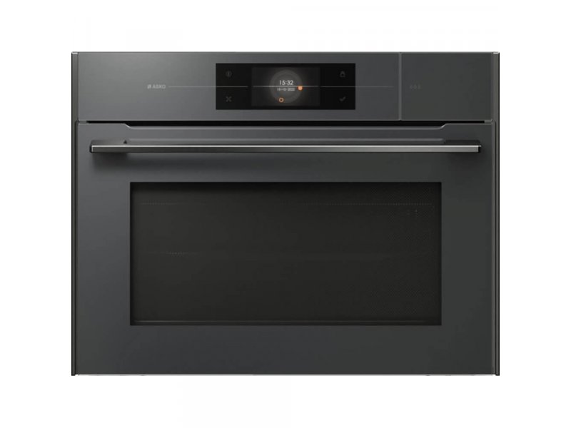 Asko OCSM8478GG вид спереди &mdash; компактный духовой шкаф в жемчужно-сером корпусе с TFT-дисплеем