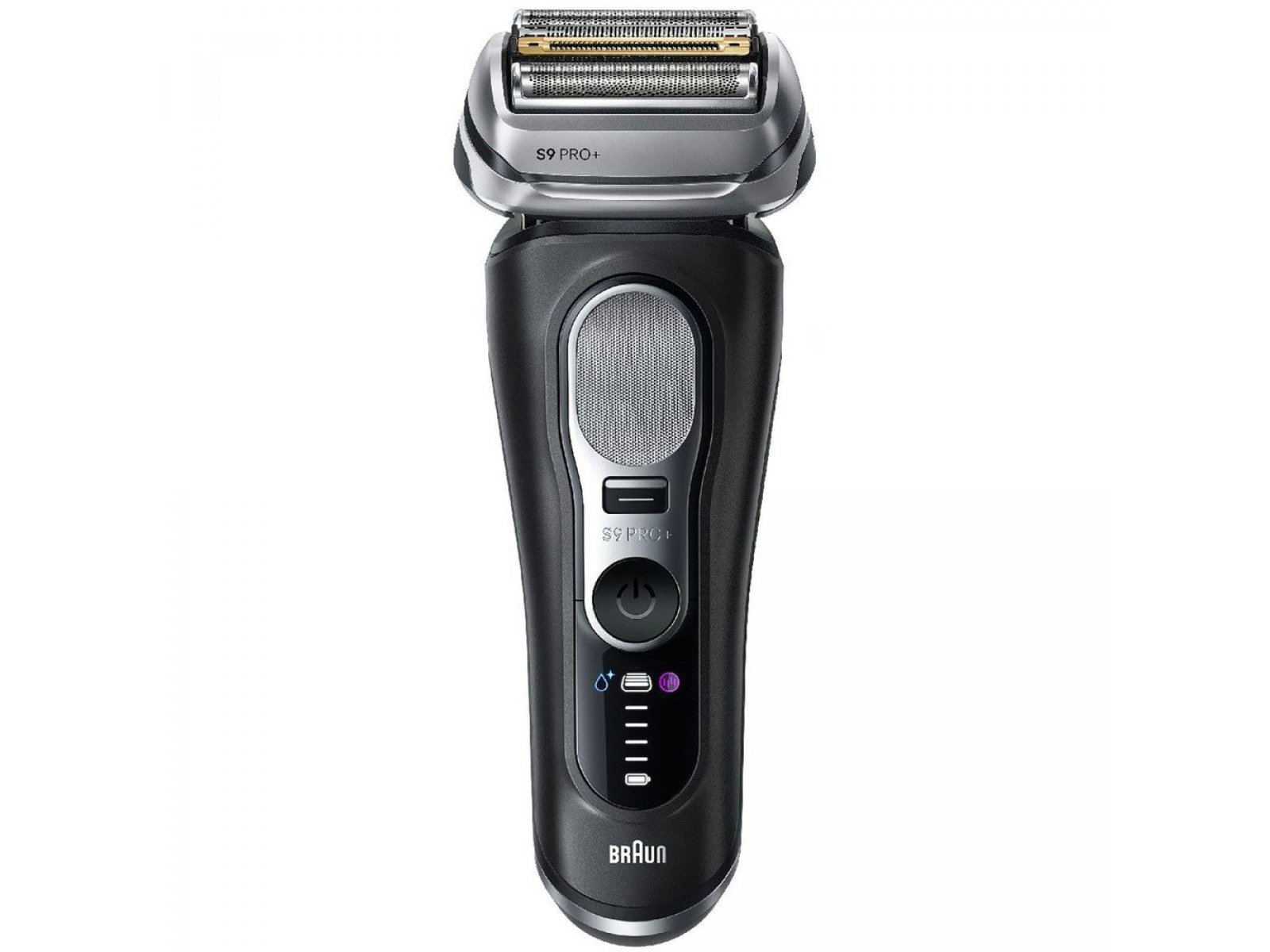 Braun 9610s Series 9 &mdash; чёрный корпус, серебристая бритвенная головка, кнопки управления и индикаторы на панели