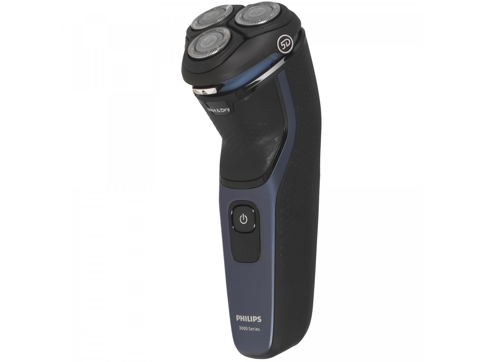 Philips S3144/00 боковой вид — синяя полоса контраста, рельефный корпус для захвата, три головки на платформе