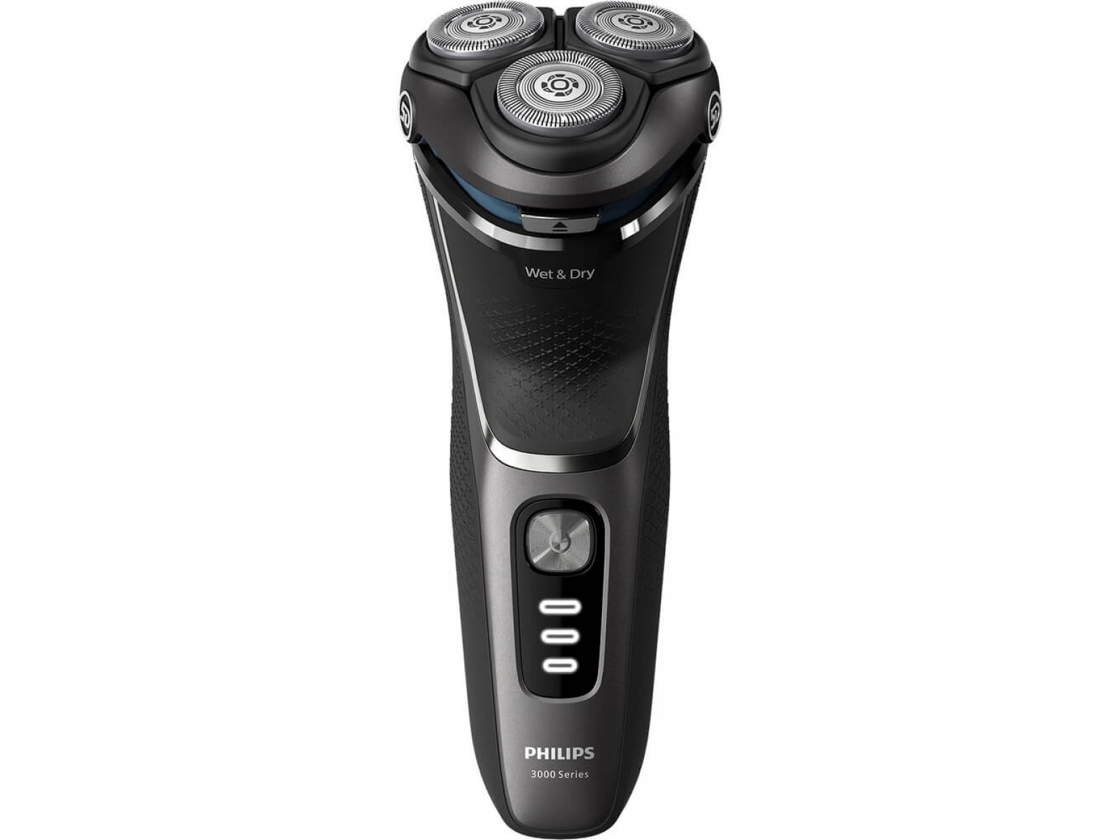 Philips S3343/13 — черная роторная электробритва с тремя плавающими головками и дисплеем, вид спереди