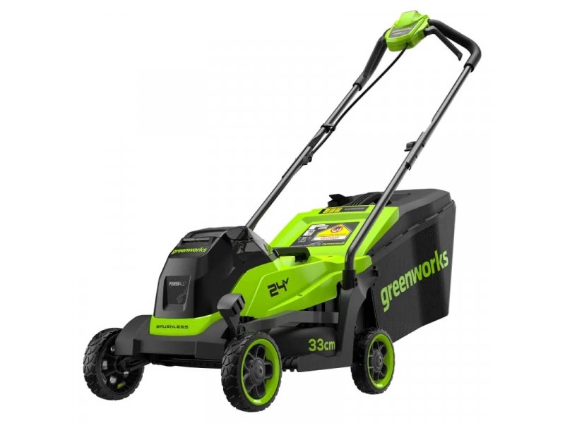 Greenworks GD24LM331 аккумуляторная газонокосилка 33 см ширина деки складная рукоять вид спереди