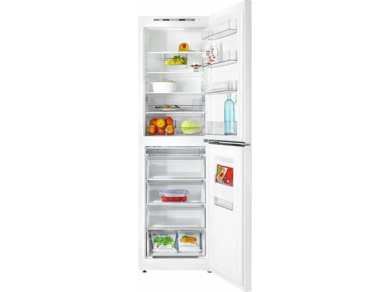 Atlant ХМ-6625-109 с продуктами — демонстрация полезного объёма 364 л: овощи, напитки, молочные продукты