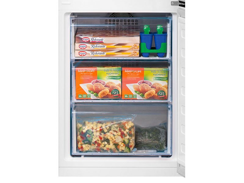 Beko B1RCNK272W морозильная камера открытая дверь выдвижные ящики замороженные продукты