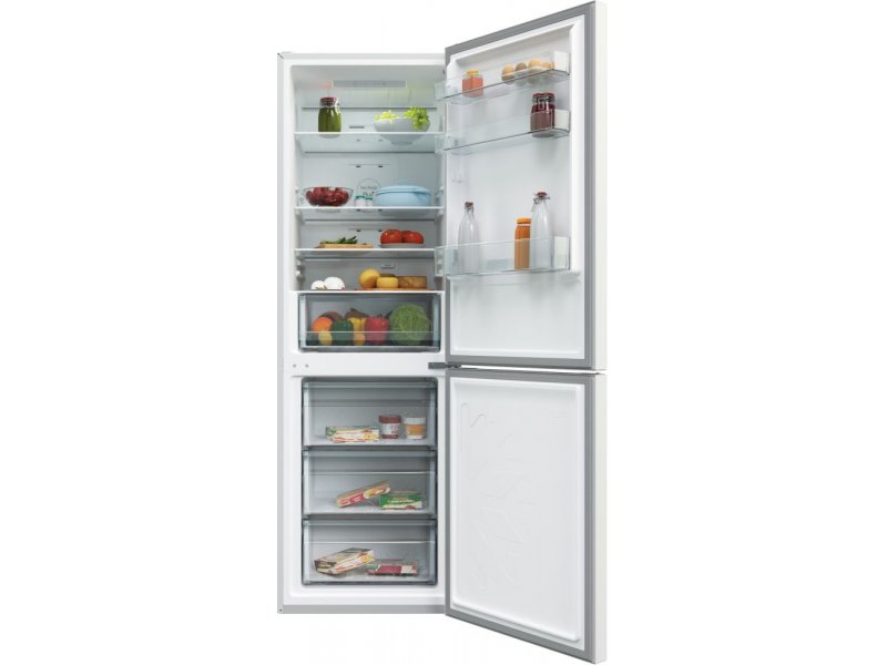 Candy CCRN 6180W внутреннее пространство с продуктами, полки холодильника и ящики морозилки