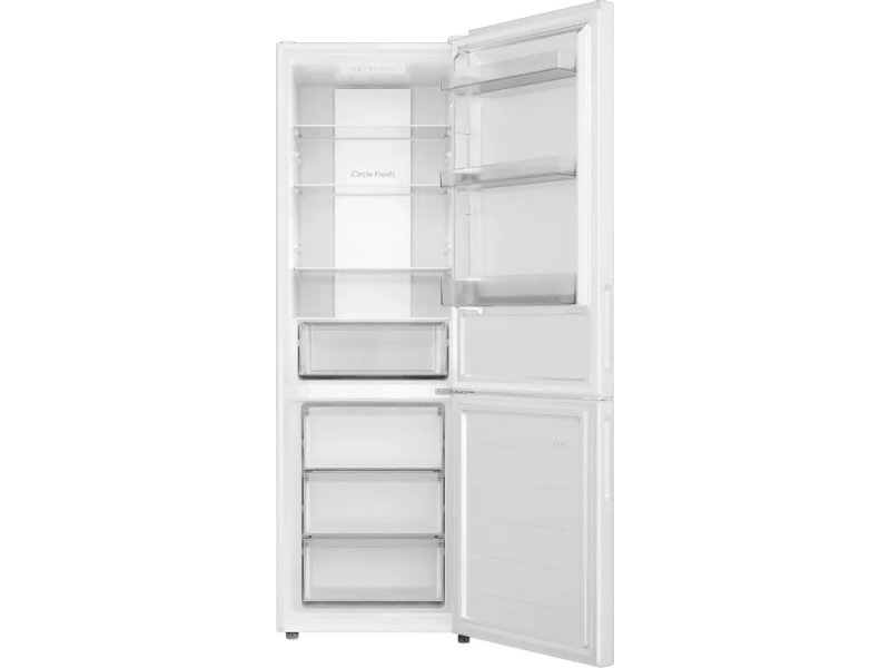 Candy CFN6185W — внутренний вид: 4 стеклянные полки в холодильной камере, 3 ящика в морозильнике