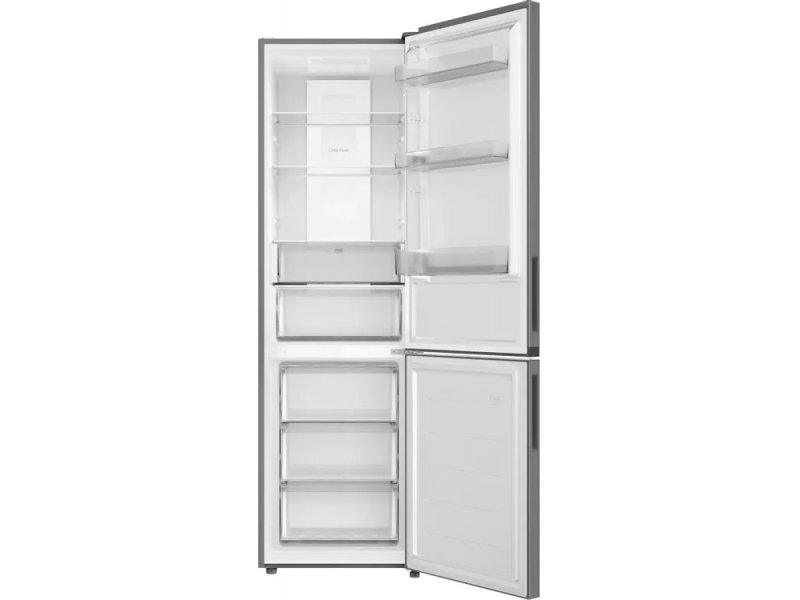 Candy CFN6200SDC открытые двери — полки из закалённого стекла в холодильной камере, три ящика морозильника снизу