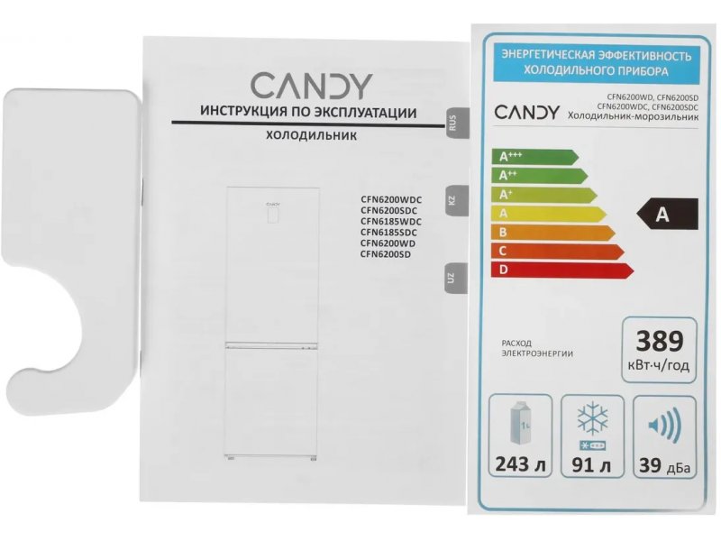 Candy CFN6200WD — энергетический паспорт, класс A, объём 243 л и 91 л, шум 39 дБ