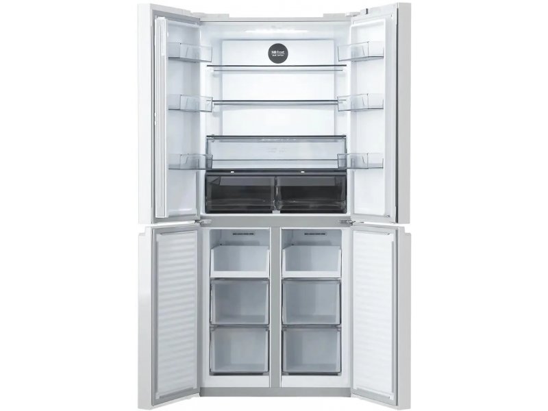 Centek CT-1744 открытые двери обеих камер — полки холодильника сверху и выдвижные ящики морозильника снизу