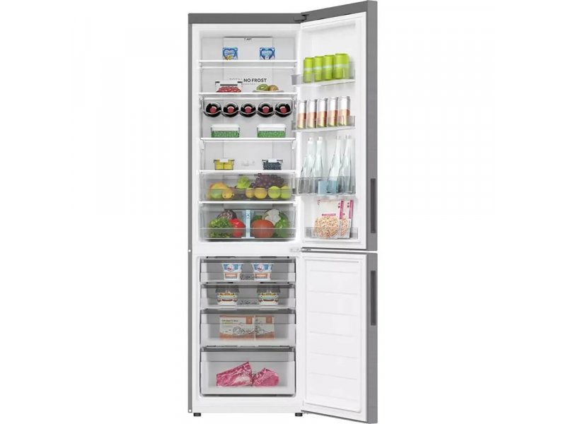 Haier C2F637CFMVU1 — открытая холодильная камера с продуктами, 4 стеклянные полки, ящик для овощей, полки на дверце