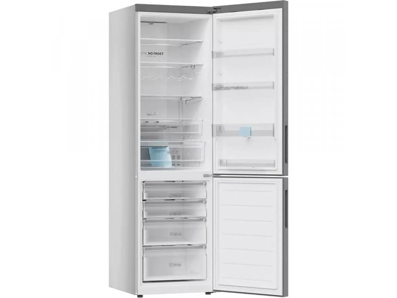 Haier C2F637CFMVU1 — вид обеих открытых камер, полки холодильного и ящики морозильного отделения