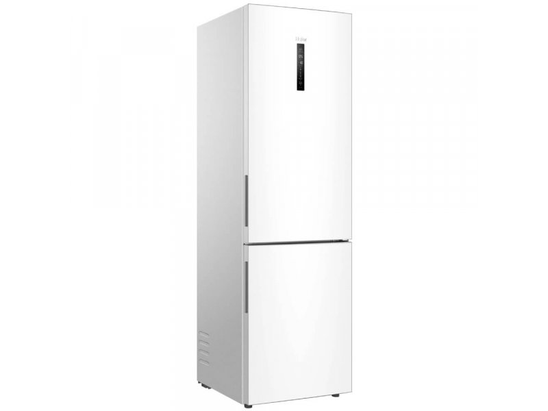 Haier C4F640CWU1 трёхчетвертной вид сбоку — металлический корпус, вентиляционные отверстия, двухкамерная конструкция