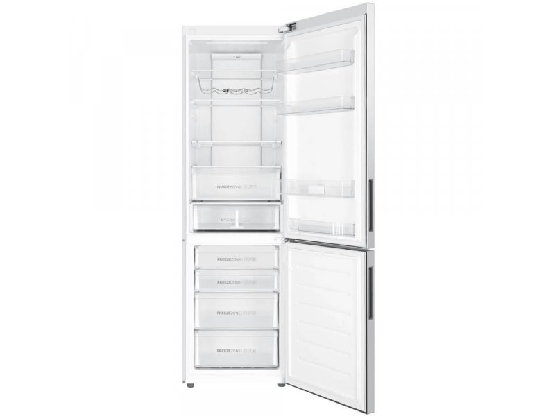 Haier C4F640CWU1 с полностью открытыми дверями — полки холодильной и ящики морозильной камеры FreezeZone