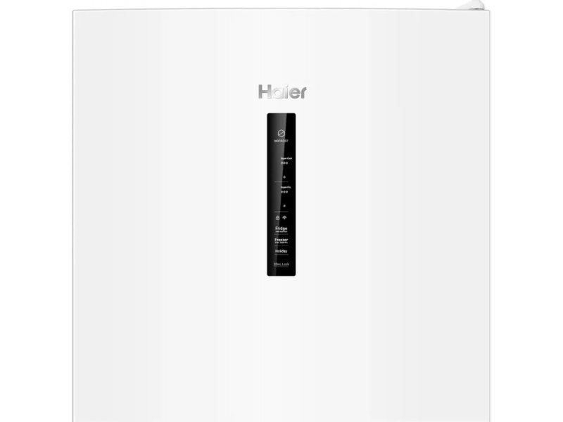 Haier CEF530CWRG — крупный план сенсорной панели управления с внешним дисплеем и индикацией температуры, логотип Haier