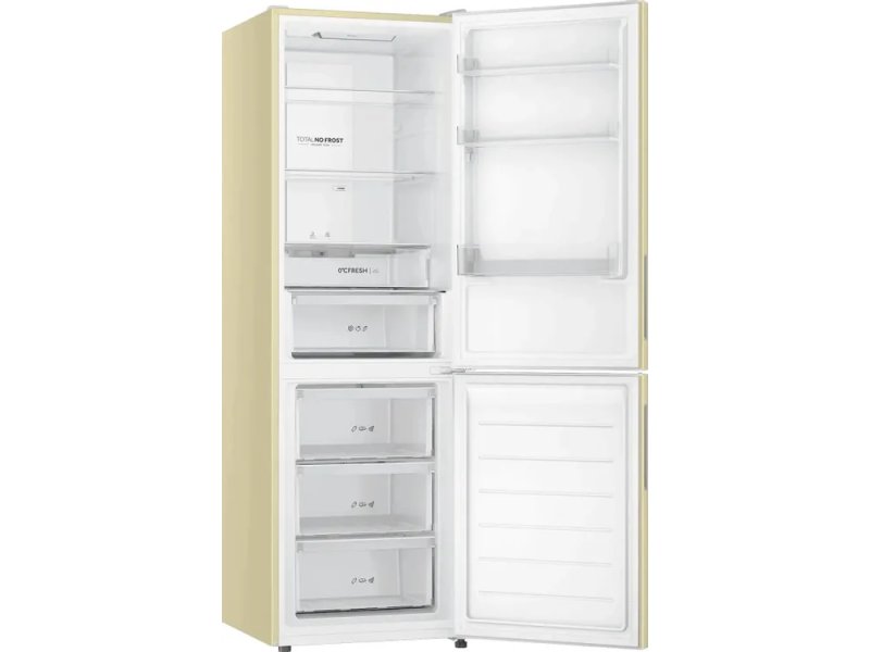 Haier CEF536CCG обе двери открыты — вид на организацию холодильной камеры сверху и ящики морозилки снизу