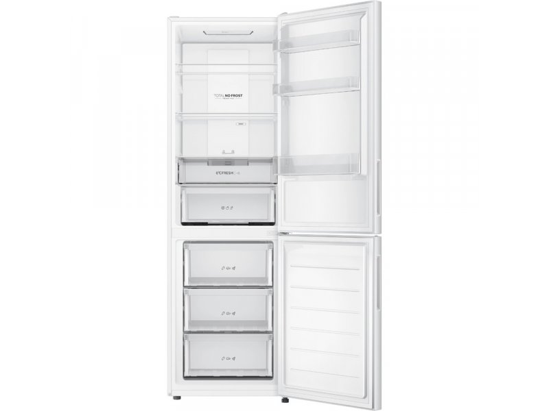 Haier CEF536CWG открытые двери — полки холодильной камеры и ящики морозилки, внутренняя компоновка