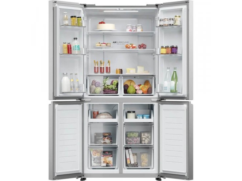 Haier HTF-425DM7RU заполненный продуктами — бутылки, банки, овощи, демонстрация реальной вместимости 433 л