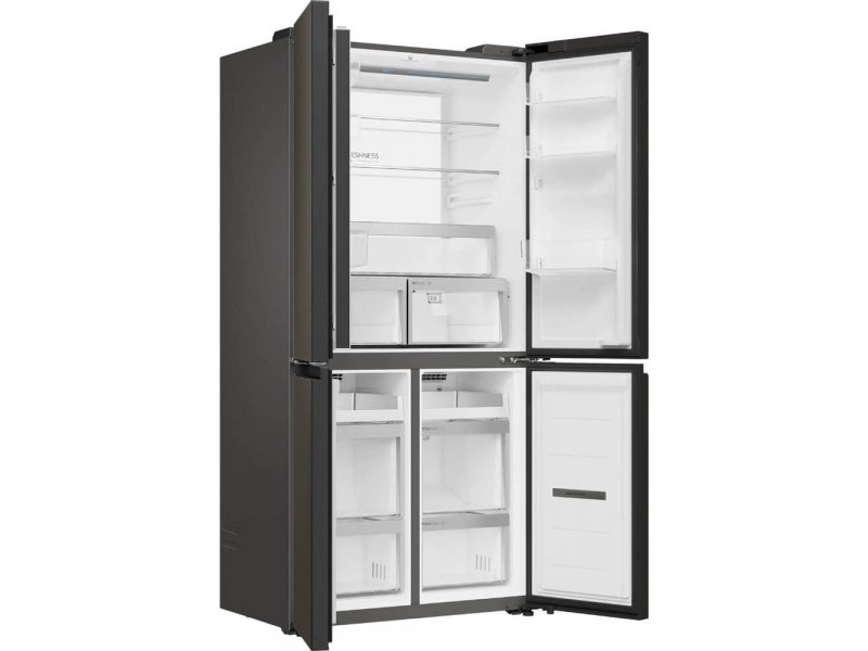 Haier HTF-460DGS6RU1 все двери открыты — полки холодильной камеры, ящики морозилки, внутреннее наполнение
