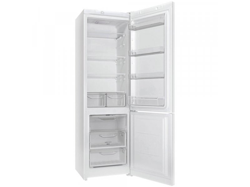 Indesit DS 3200 W открытые двери — полки верхней холодильной камеры и ящики морозильного отсека