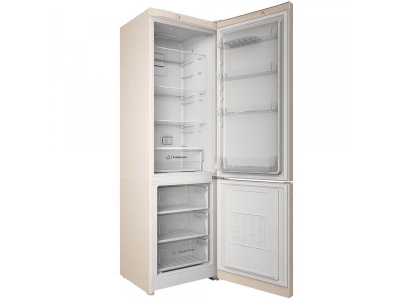 Indesit ITS 4200 E открытые дверцы полки закалённое стекло и ящик для овощей внутри