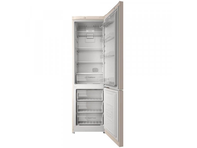 Indesit ITS 4200 E открытые двери вид изнутри выдвижные ящики морозилки и полки холодильного отделения