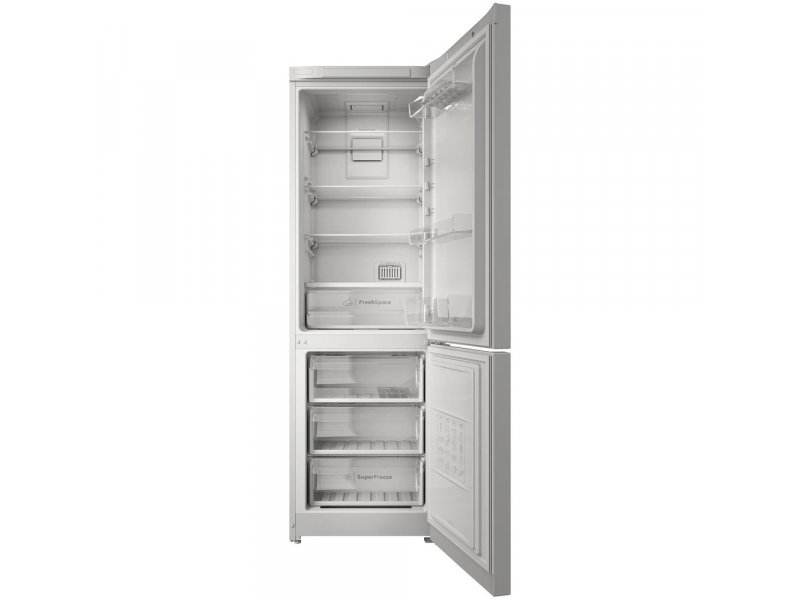 Indesit ITS 5181I W открытые двери: 4 полки из закалённого стекла в холодильной камере и 3 ящика морозилки снизу