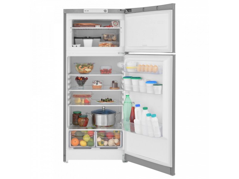 Indesit TIA 14 G полностью открытый холодильник с продуктами демонстрация объёма полок и отделений