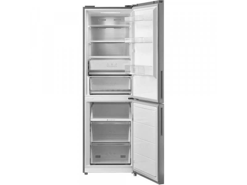 Korting KNFC 61811 X открытый вид — стеклянные полки холодильной камеры, два ящика морозильника, LED-освещение