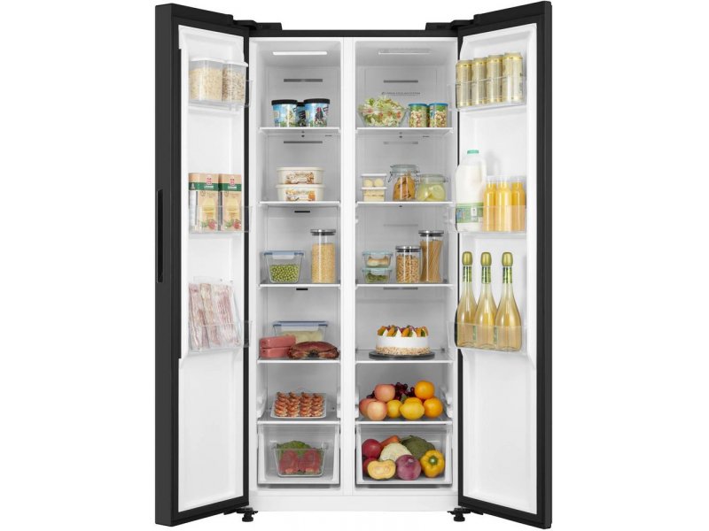 Korting KNFS 83177 N открытые двери с продуктами — холодильная камера справа, морозильная слева