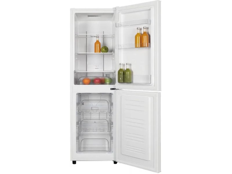 Kraft KF-NF2717W — холодильник с продуктами: верхняя камера с напитками и фруктами, нижняя морозильная