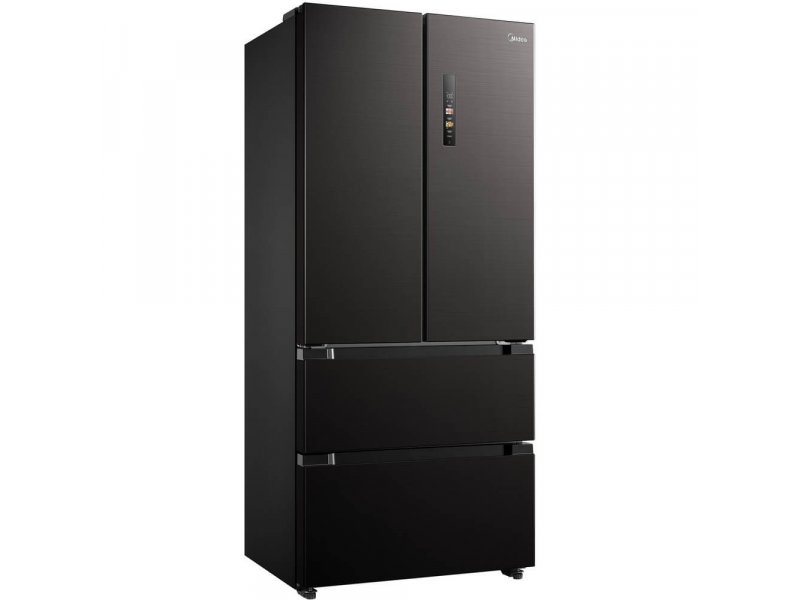 Midea MDRF692MIE22 трёхчетвёртный вид на кухне — компактная глубина 65,3 см, закруглённые углы корпуса