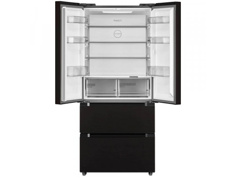 Midea MDRF692MIE28 с открытыми дверями — внутреннее пространство: стеклянные полки, ящики, зоны хранения