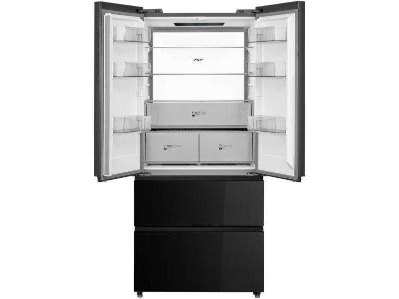 Midea MDRF705BIE63 открытые двери, три полки из закалённого стекла и шесть полок на двери холодильной камеры