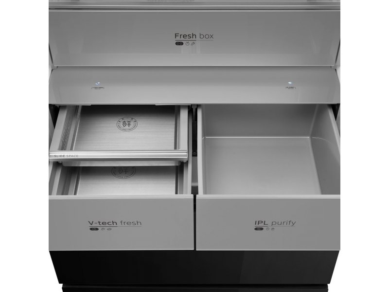 Midea MDRF705BIE63 нижние ящики Fresh box и V-tech fresh, зона IPL purify для хранения и обработки продуктов