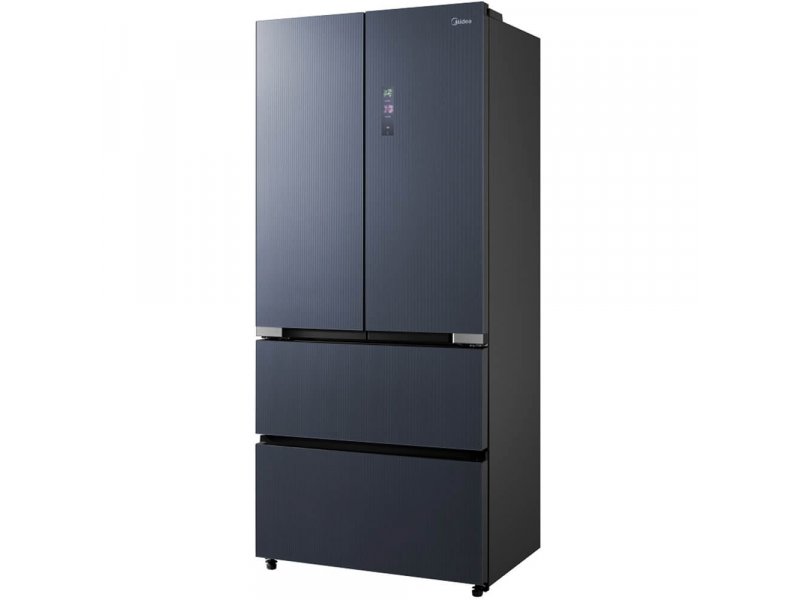 Midea MDRF705BIE70 вид под углом — графитовый металлический корпус, четыре ножки, профиль Side-by-Side