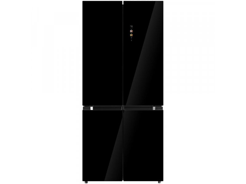 Midea MDRM691MIE22 вид спереди — четырёхдверный Side-by-Side с чёрным стеклянным фасадом и сенсорной панелью