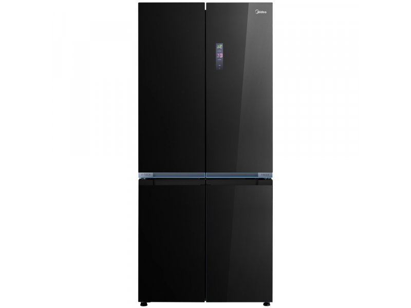 Midea MDRM706BIE63 четырёхдверный холодильник чёрного цвета с сенсорным дисплеем — вид спереди