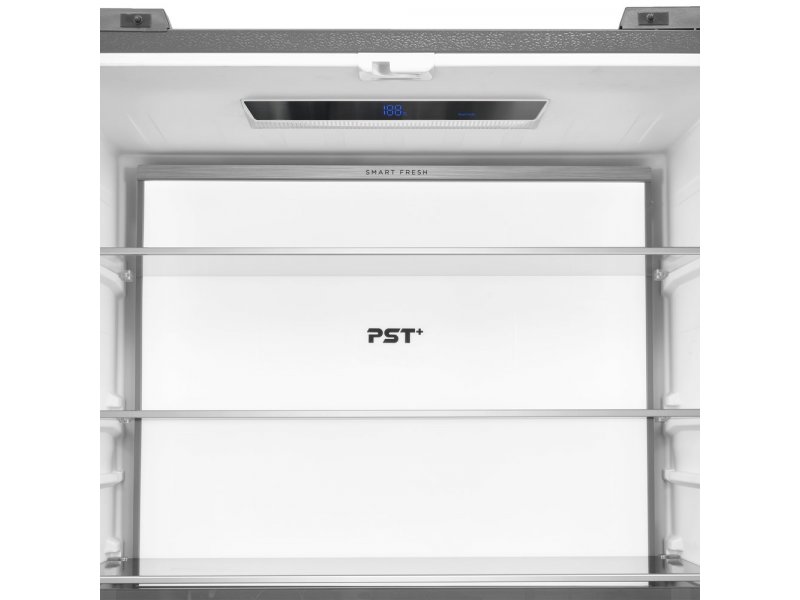 Midea MDRM706BIE63 дверца открыта — внутренний вид полок и отделения Smart Fresh с цифровым экраном управления