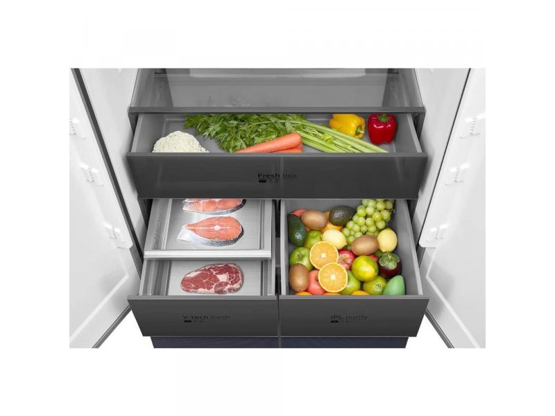 Midea MDRM706BIE70 верхний вид нижних ящиков овощи фрукты мясо функциональность отсеков