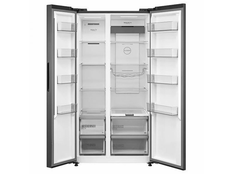 Midea MDRS791MIE28 — пустая морозильная камера слева и холодильная камера справа, видны все полки и ящики