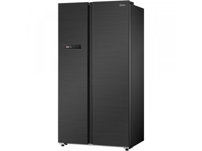 Midea MDRS791MIE45 вид спереди под углом — чёрный корпус Side-by-Side, глубина 70 см, ножки в основании