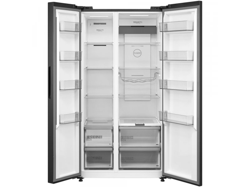Midea MDRS791MIE45 открытые двери — полки из закалённого стекла, ящики для овощей, лоток для льда, внутреннее устройство обеих камер