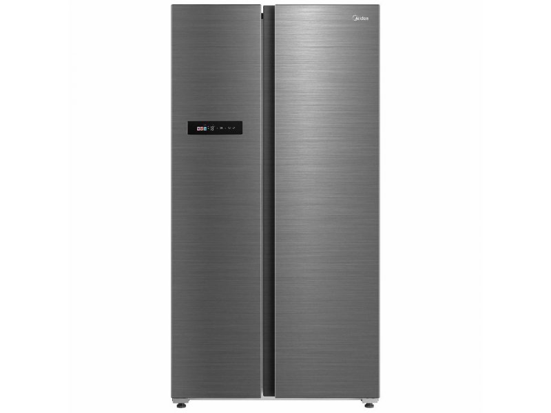 Midea MDRS791MIE46 серый Side-by-Side вид спереди, металлический корпус, сенсорный дисплей на левой дверце