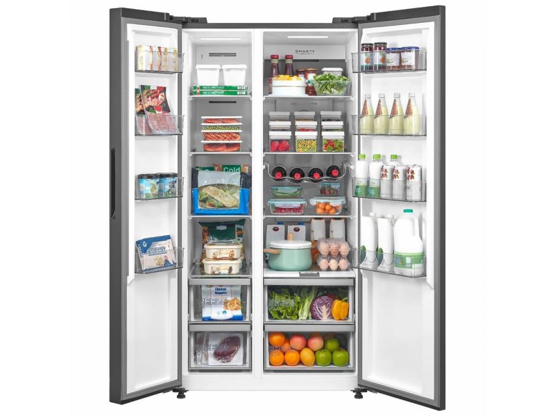 Midea MDRS791MIE46 открытый с продуктами — полки с овощами, напитками, молочными продуктами, вид на организацию хранения