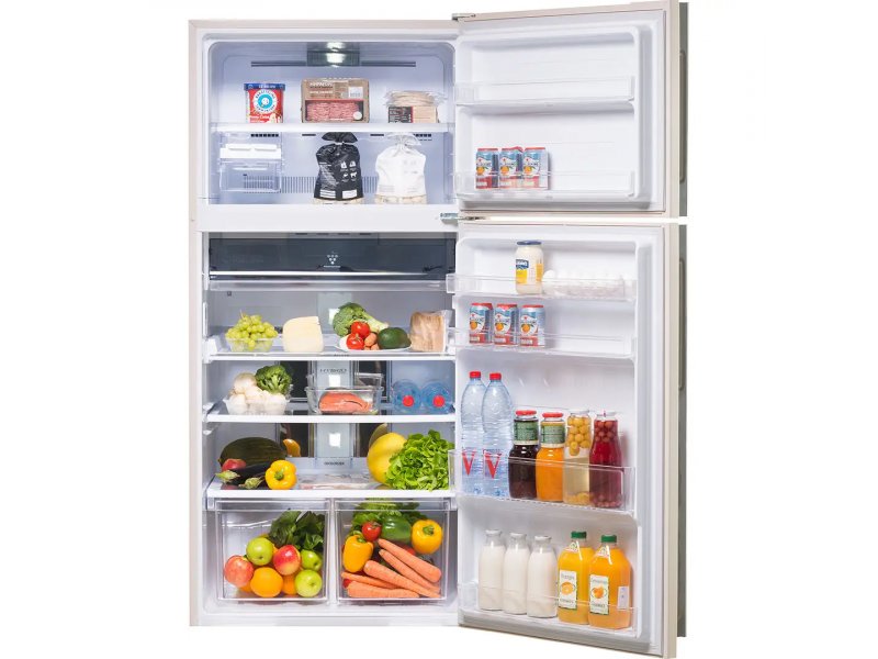 Sharp SJ-XE59PMBE открытые холодильная и морозильная камеры с продуктами на полках