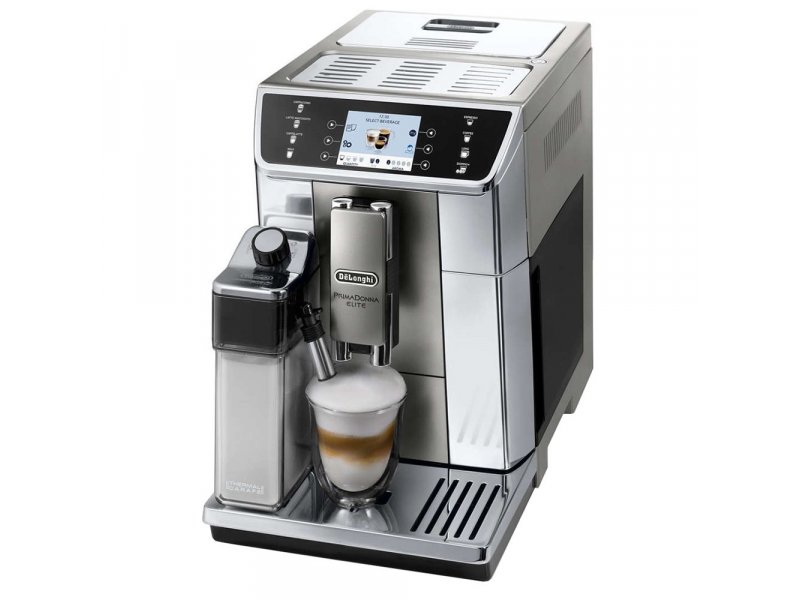 De Longhi ECAM650.55.MS серебристый — вид под углом, сенсорный TFT-дисплей, резервуар для воды, чашка капучино