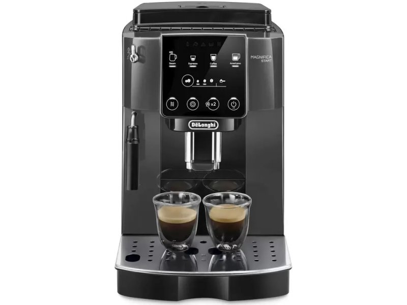 De Longhi Magnifica Start ECAM220.22.GB черная — вид спереди, сенсорная панель с иконками напитков, две чашки эспрессо на поддоне