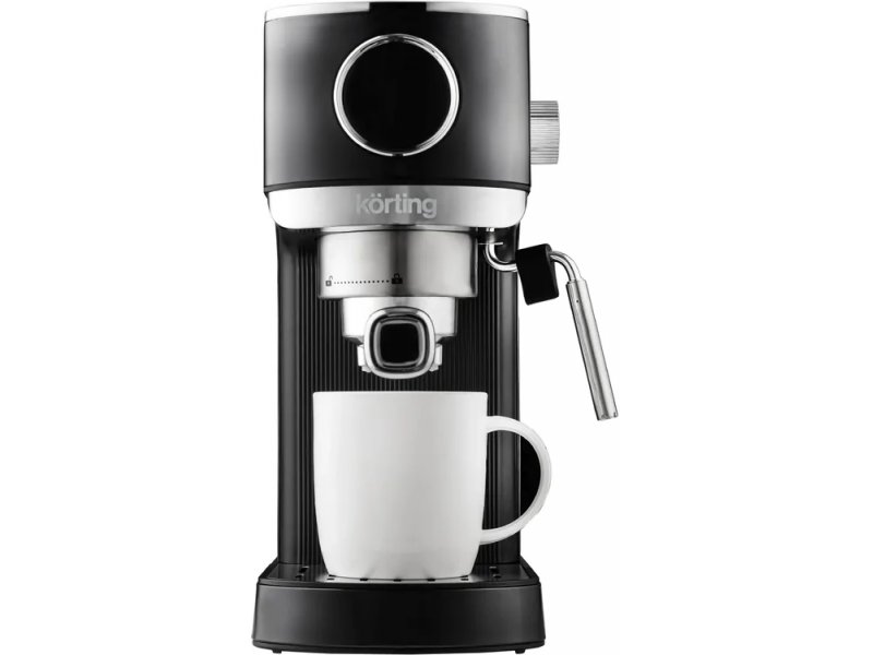 Korting KCM 1002 EN — приготовление эспрессо в белую чашку, трубка пара сбоку